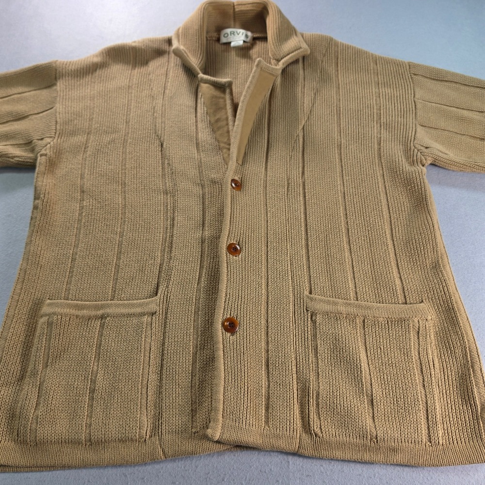 Orvis Vintage 90s Hawker Heavy Ribbed Knit Cardigan Sweater Elbow Patches Large - Picture 3 of 8